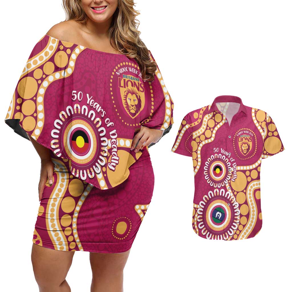 Brisbane Lions NAIDOC 2026 Personalised Couples Matching Off Shoulder Short Dress and Hawaiian Shirt 50 Years of Deadly Aboriginal Art