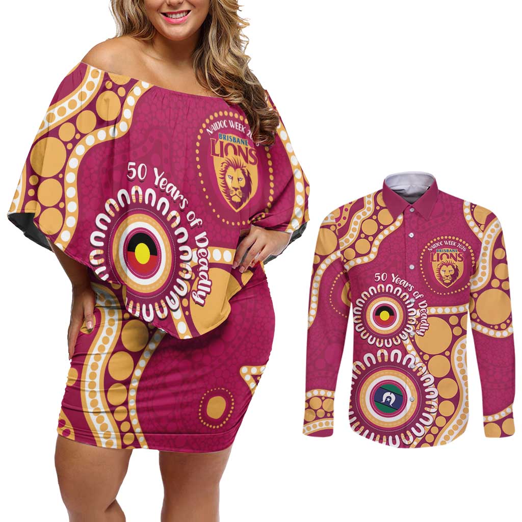Brisbane Lions NAIDOC 2026 Personalised Couples Matching Off Shoulder Short Dress and Long Sleeve Button Shirt 50 Years of Deadly Aboriginal Art