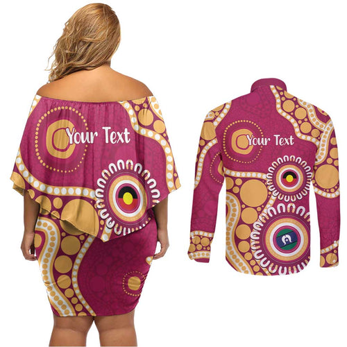 Brisbane Lions NAIDOC 2026 Personalised Couples Matching Off Shoulder Short Dress and Long Sleeve Button Shirt 50 Years of Deadly Aboriginal Art