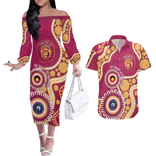 Brisbane Lions NAIDOC 2026 Personalised Couples Matching Off The Shoulder Long Sleeve Dress and Hawaiian Shirt 50 Years of Deadly Aboriginal Art