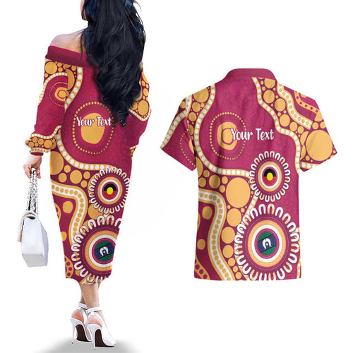Brisbane Lions NAIDOC 2026 Personalised Couples Matching Off The Shoulder Long Sleeve Dress and Hawaiian Shirt 50 Years of Deadly Aboriginal Art