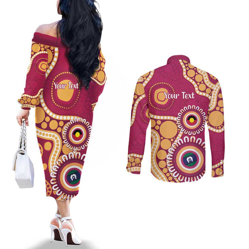 Brisbane Lions NAIDOC 2026 Personalised Couples Matching Off The Shoulder Long Sleeve Dress and Long Sleeve Button Shirt 50 Years of Deadly Aboriginal Art