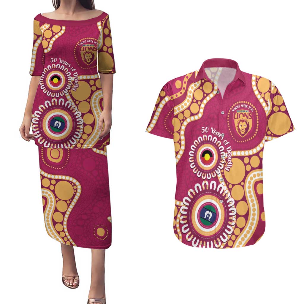 Brisbane Lions NAIDOC 2026 Personalised Couples Matching Puletasi and Hawaiian Shirt 50 Years of Deadly Aboriginal Art