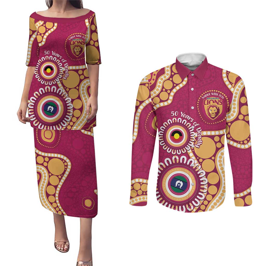 Brisbane Lions NAIDOC 2026 Personalised Couples Matching Puletasi and Long Sleeve Button Shirt 50 Years of Deadly Aboriginal Art