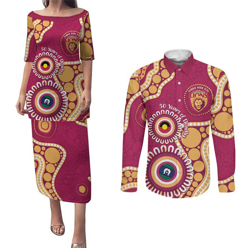 Brisbane Lions NAIDOC 2026 Personalised Couples Matching Puletasi and Long Sleeve Button Shirt 50 Years of Deadly Aboriginal Art