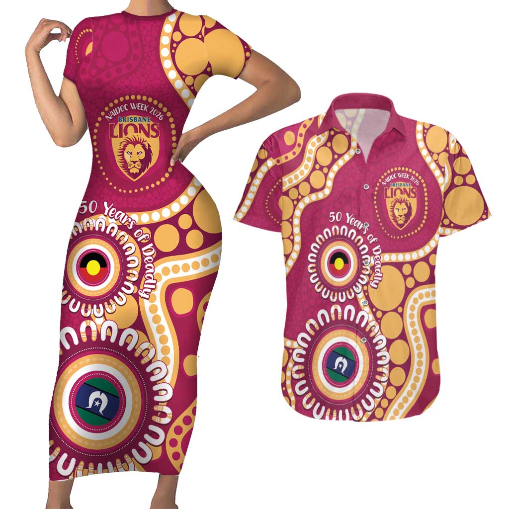 Brisbane Lions NAIDOC 2026 Personalised Couples Matching Short Sleeve Bodycon Dress and Hawaiian Shirt 50 Years of Deadly Aboriginal Art