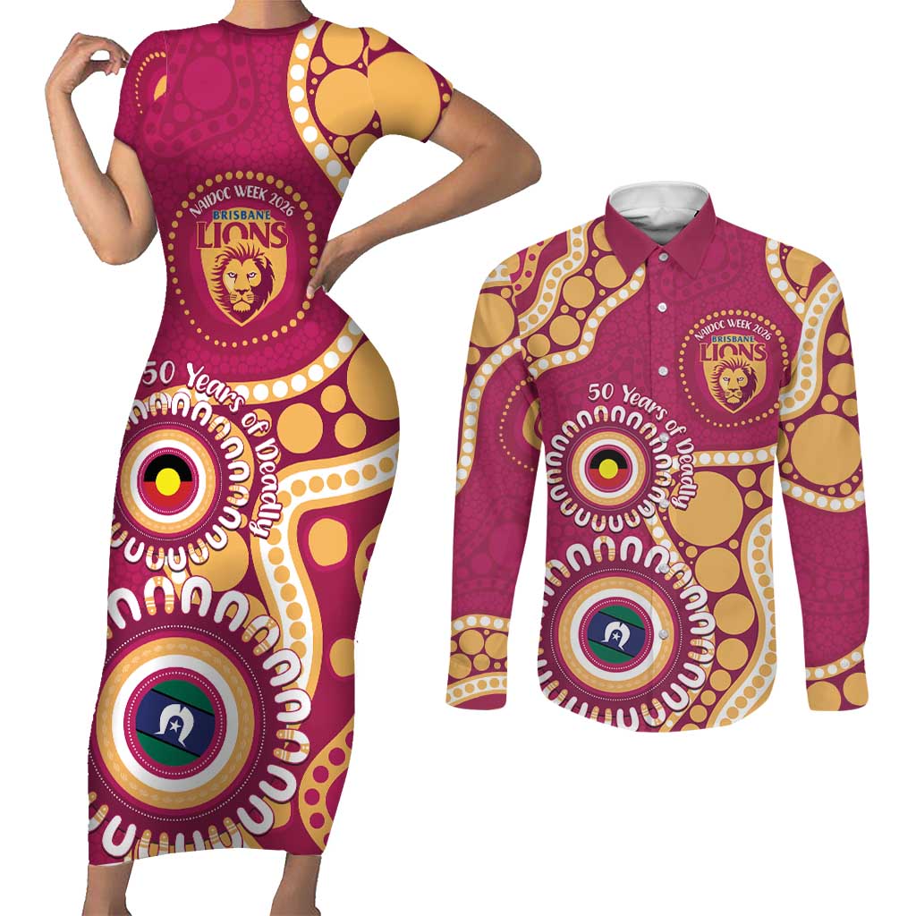 Brisbane Lions NAIDOC 2026 Personalised Couples Matching Short Sleeve Bodycon Dress and Long Sleeve Button Shirt 50 Years of Deadly Aboriginal Art