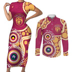 Brisbane Lions NAIDOC 2026 Personalised Couples Matching Short Sleeve Bodycon Dress and Long Sleeve Button Shirt 50 Years of Deadly Aboriginal Art