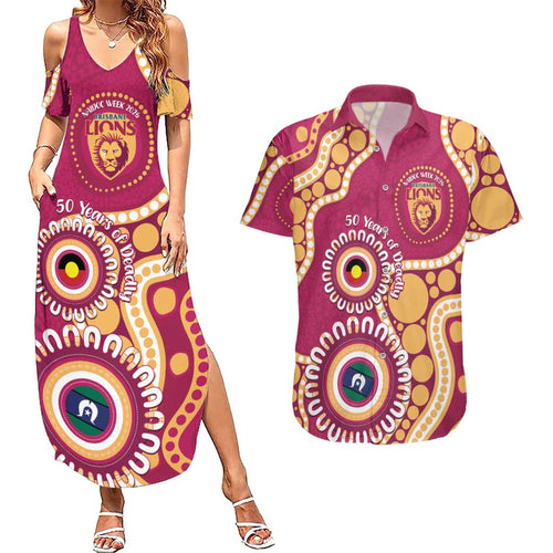 Brisbane Lions NAIDOC 2026 Personalised Couples Matching Summer Maxi Dress and Hawaiian Shirt 50 Years of Deadly Aboriginal Art