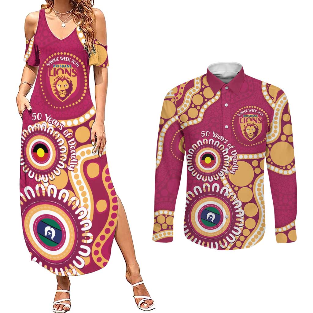Brisbane Lions NAIDOC 2026 Personalised Couples Matching Summer Maxi Dress and Long Sleeve Button Shirt 50 Years of Deadly Aboriginal Art