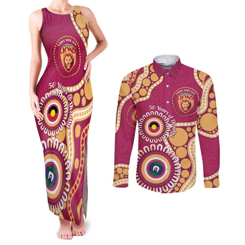 Brisbane Lions NAIDOC 2026 Personalised Couples Matching Tank Maxi Dress and Long Sleeve Button Shirt 50 Years of Deadly Aboriginal Art