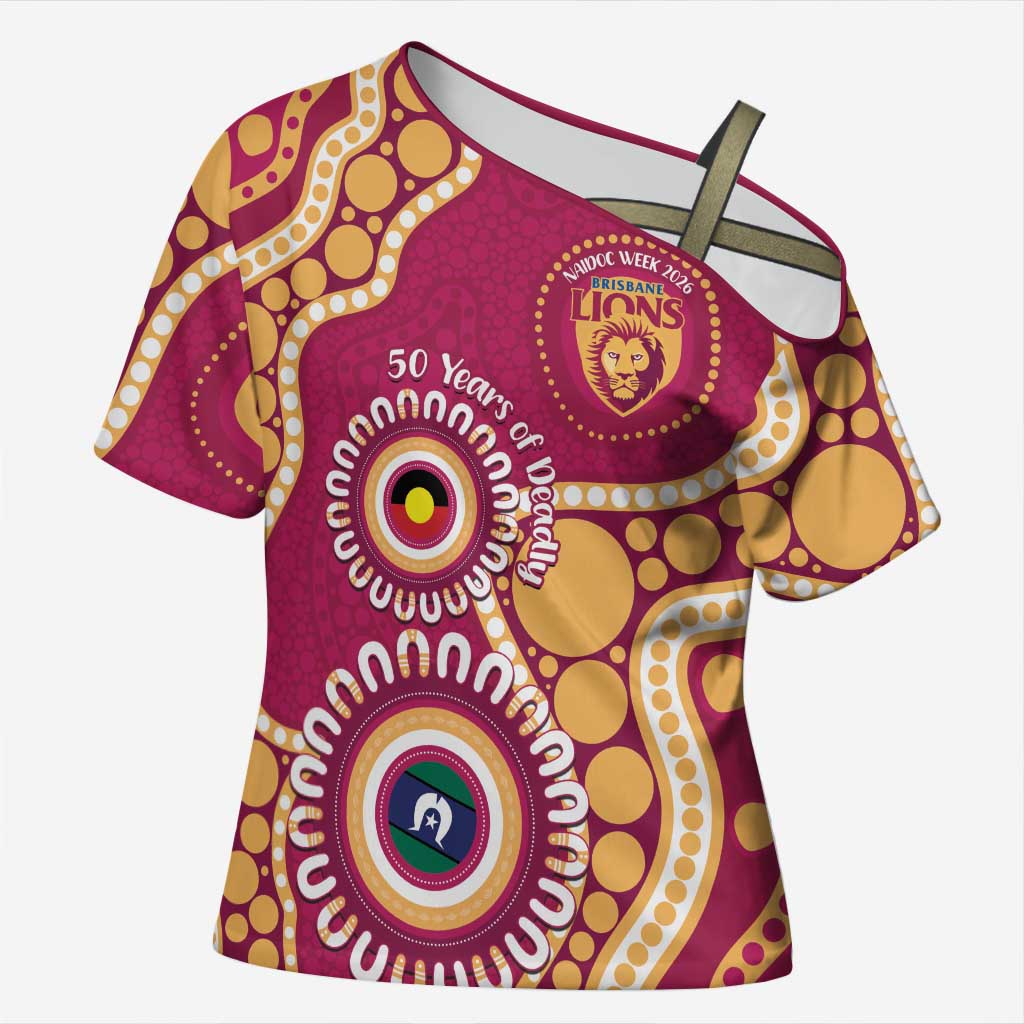 Brisbane Lions NAIDOC 2026 Personalised Cross Shoulder Shirt 50 Years of Deadly Aboriginal Art
