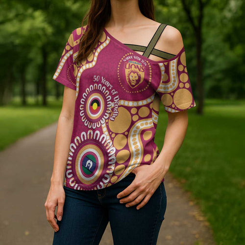 Brisbane Lions NAIDOC 2026 Personalised Cross Shoulder Shirt 50 Years of Deadly Aboriginal Art