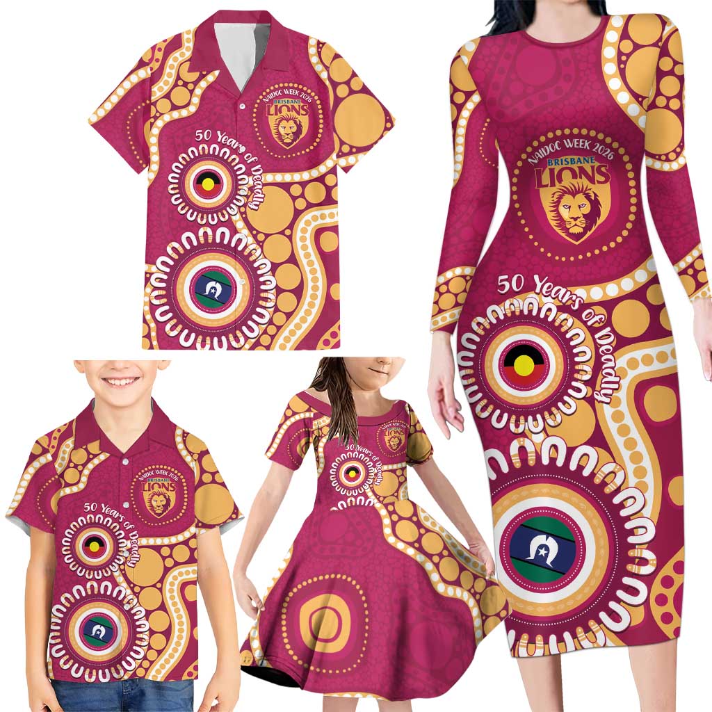 Brisbane Lions NAIDOC 2026 Personalised Family Matching Long Sleeve Bodycon Dress and Hawaiian Shirt 50 Years of Deadly Aboriginal Art