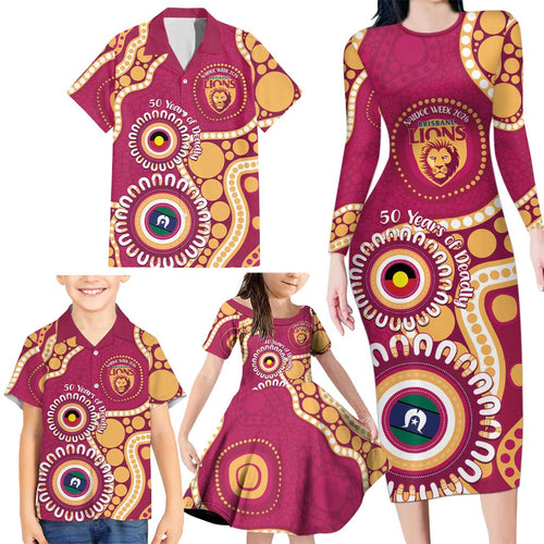 Brisbane Lions NAIDOC 2026 Personalised Family Matching Long Sleeve Bodycon Dress and Hawaiian Shirt 50 Years of Deadly Aboriginal Art