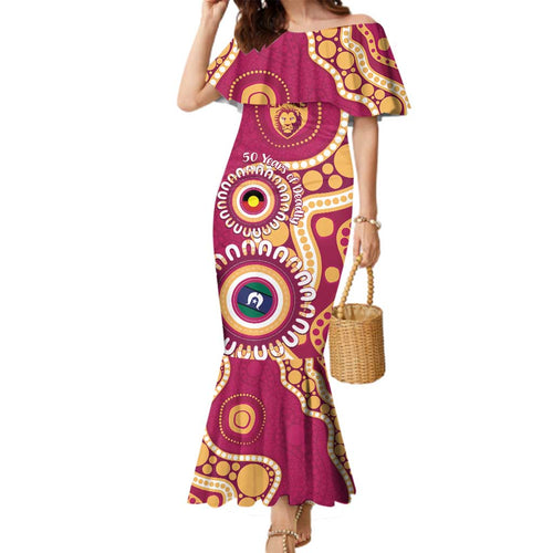 Brisbane Lions NAIDOC 2026 Personalised Family Matching Mermaid Dress and Hawaiian Shirt 50 Years of Deadly Aboriginal Art