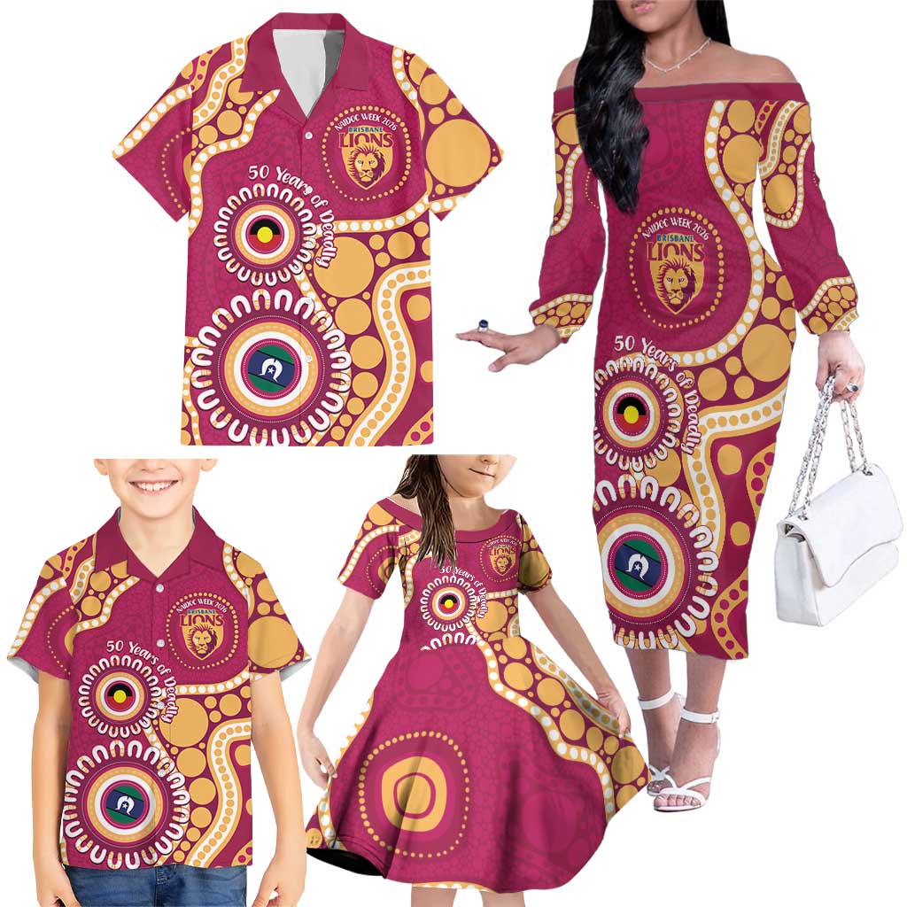 Brisbane Lions NAIDOC 2026 Personalised Family Matching Off The Shoulder Long Sleeve Dress and Hawaiian Shirt 50 Years of Deadly Aboriginal Art