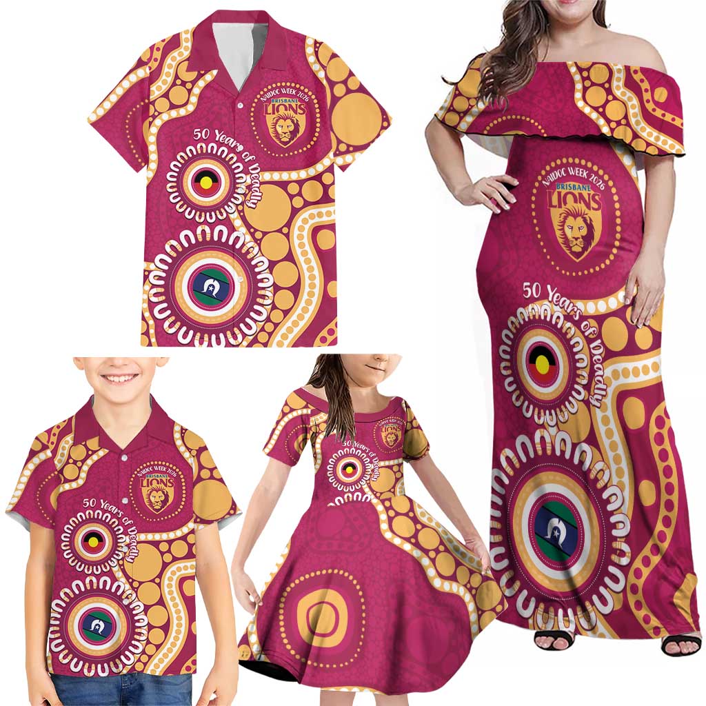 Brisbane Lions NAIDOC 2026 Personalised Family Matching Off Shoulder Maxi Dress and Hawaiian Shirt 50 Years of Deadly Aboriginal Art