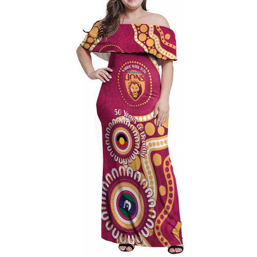 Brisbane Lions NAIDOC 2026 Personalised Family Matching Off Shoulder Maxi Dress and Hawaiian Shirt 50 Years of Deadly Aboriginal Art