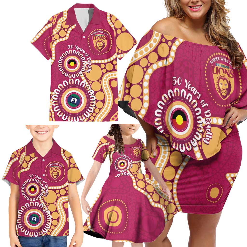 Brisbane Lions NAIDOC 2026 Personalised Family Matching Off Shoulder Short Dress and Hawaiian Shirt 50 Years of Deadly Aboriginal Art