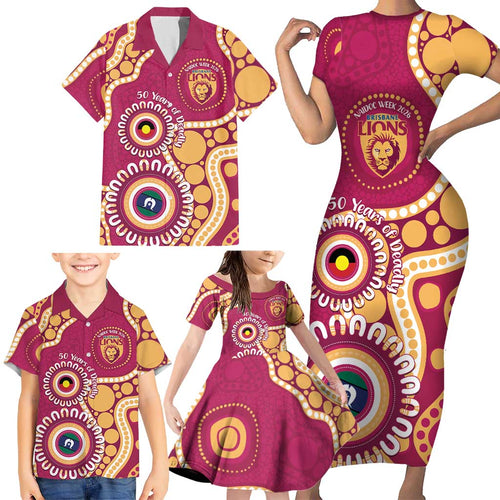 Brisbane Lions NAIDOC 2026 Personalised Family Matching Short Sleeve Bodycon Dress and Hawaiian Shirt 50 Years of Deadly Aboriginal Art