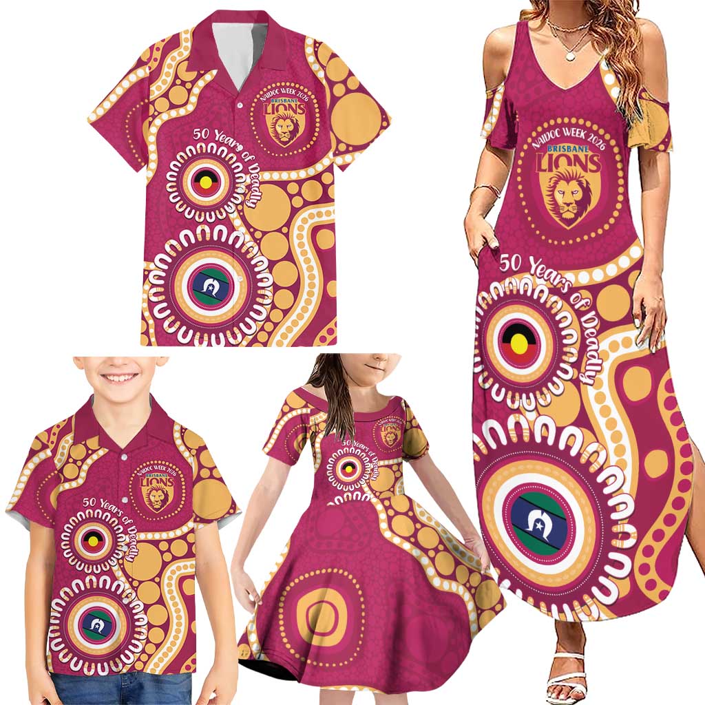 Brisbane Lions NAIDOC 2026 Personalised Family Matching Summer Maxi Dress and Hawaiian Shirt 50 Years of Deadly Aboriginal Art