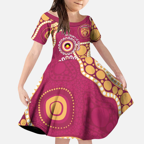 Brisbane Lions NAIDOC 2026 Personalised Kid Short Sleeve Dress 50 Years of Deadly Aboriginal Art