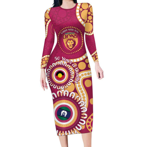 Brisbane Lions NAIDOC 2026 Personalised Long Sleeve Bodycon Dress 50 Years of Deadly Aboriginal Art