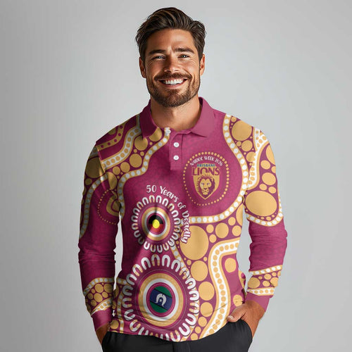 Brisbane Lions NAIDOC 2026 Personalised Long Sleeve Polo Shirt 50 Years of Deadly Aboriginal Art
