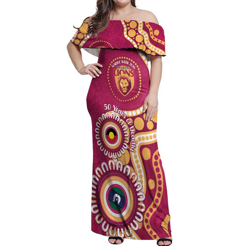 Brisbane Lions NAIDOC 2026 Personalised Off Shoulder Maxi Dress 50 Years of Deadly Aboriginal Art