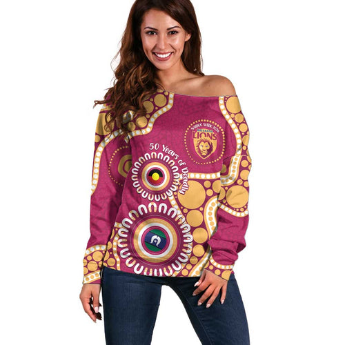 Brisbane Lions NAIDOC 2026 Personalised Off Shoulder Sweater 50 Years of Deadly Aboriginal Art