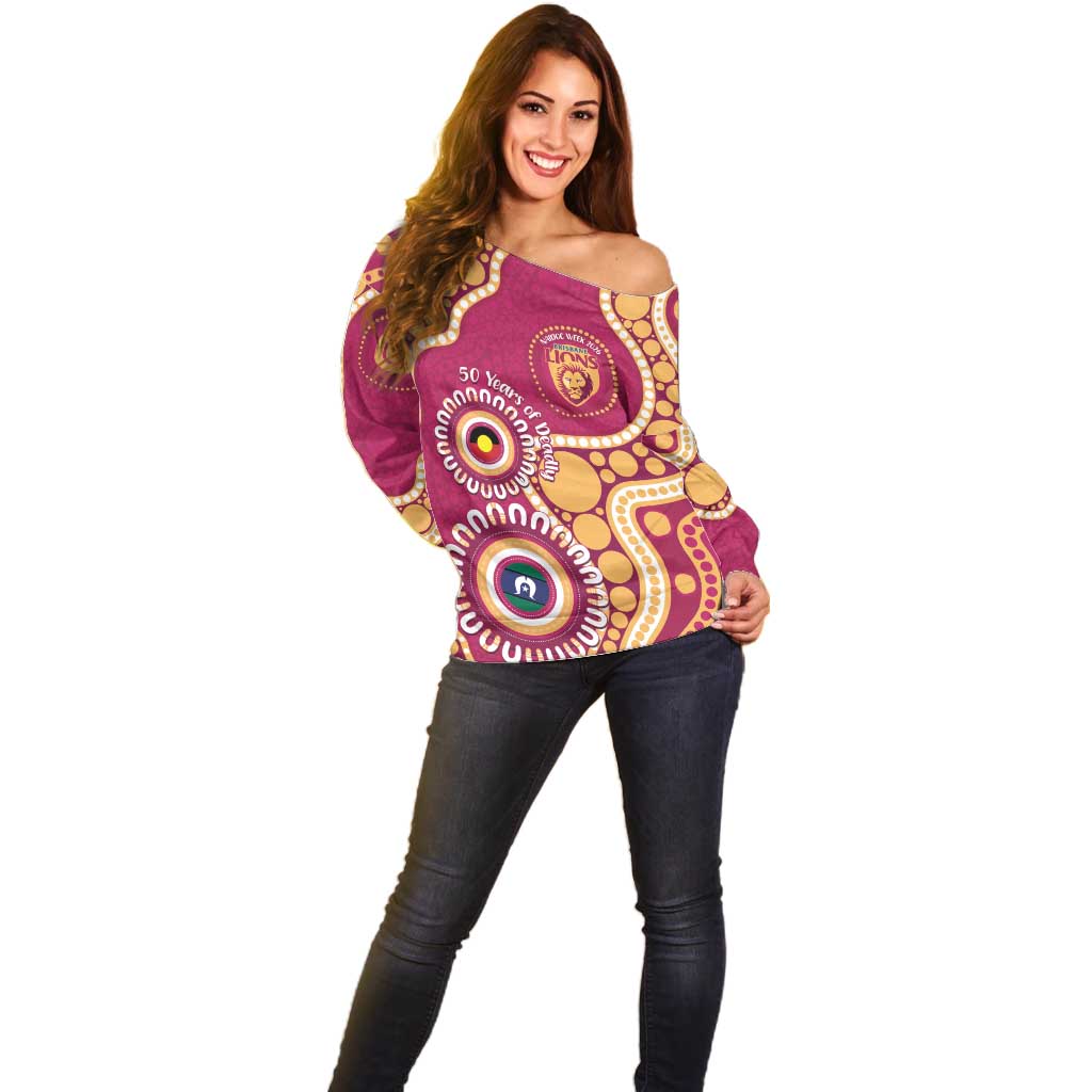 Brisbane Lions NAIDOC 2026 Personalised Off Shoulder Sweater 50 Years of Deadly Aboriginal Art