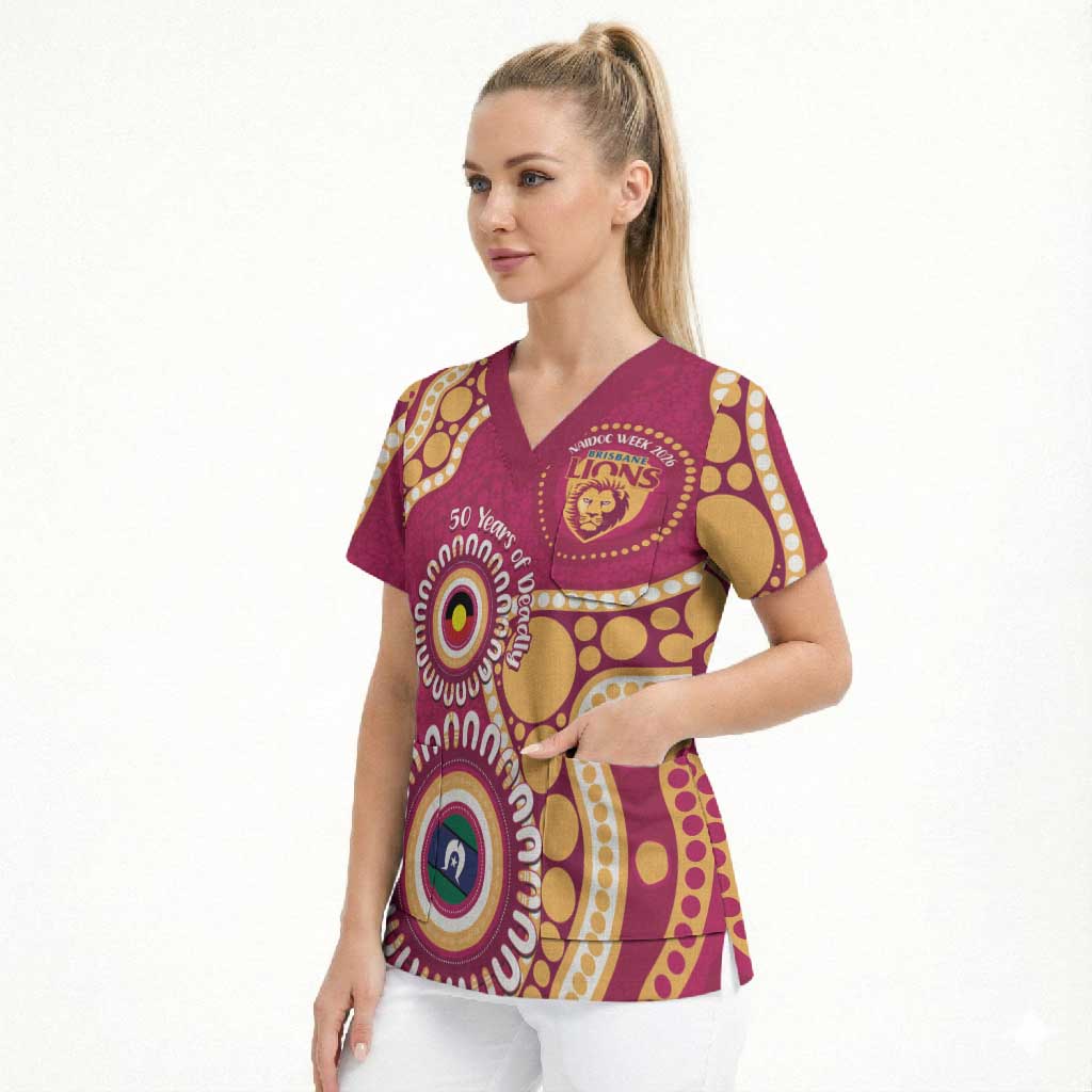 Brisbane Lions NAIDOC 2026 Personalised Scrub Top 50 Years of Deadly Aboriginal Art