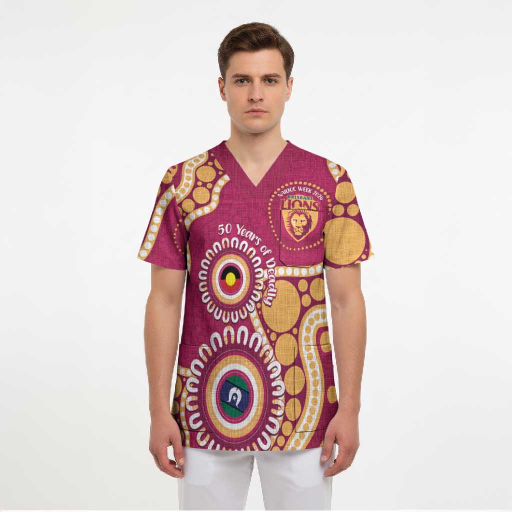 Brisbane Lions NAIDOC 2026 Personalised Scrub Top 50 Years of Deadly Aboriginal Art