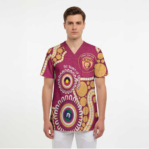 Brisbane Lions NAIDOC 2026 Personalised Scrub Top 50 Years of Deadly Aboriginal Art