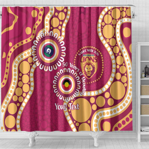 Brisbane Lions NAIDOC 2026 Personalised Shower Curtain 50 Years of Deadly Aboriginal Art