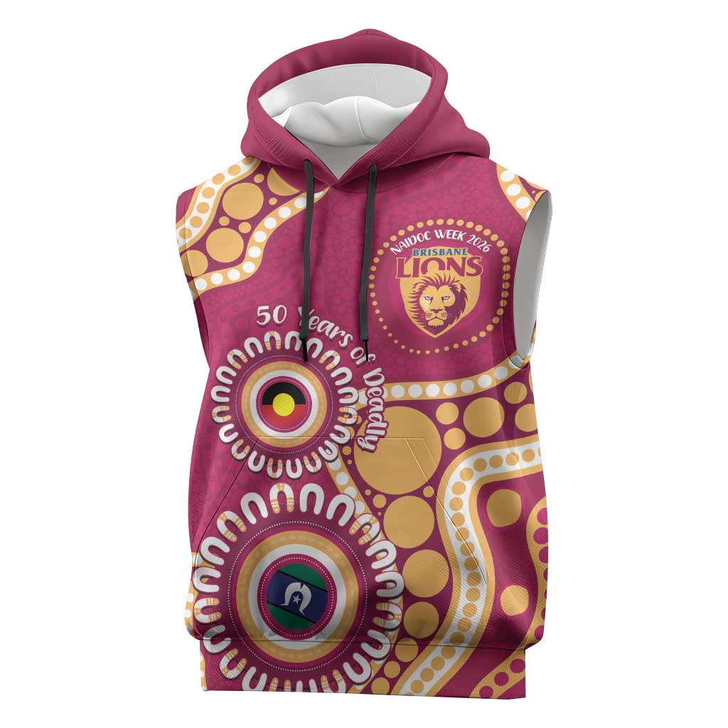 Brisbane Lions NAIDOC 2026 Personalised Sleeveless Hoodie 50 Years of Deadly Aboriginal Art