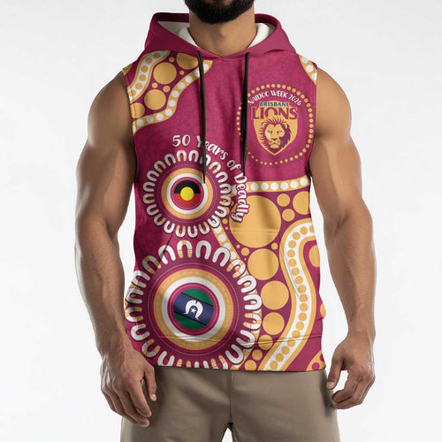 Brisbane Lions NAIDOC 2026 Personalised Sleeveless Hoodie 50 Years of Deadly Aboriginal Art