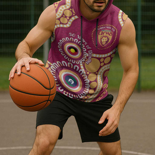 Brisbane Lions NAIDOC 2026 Personalised Sleeveless Hoodie 50 Years of Deadly Aboriginal Art