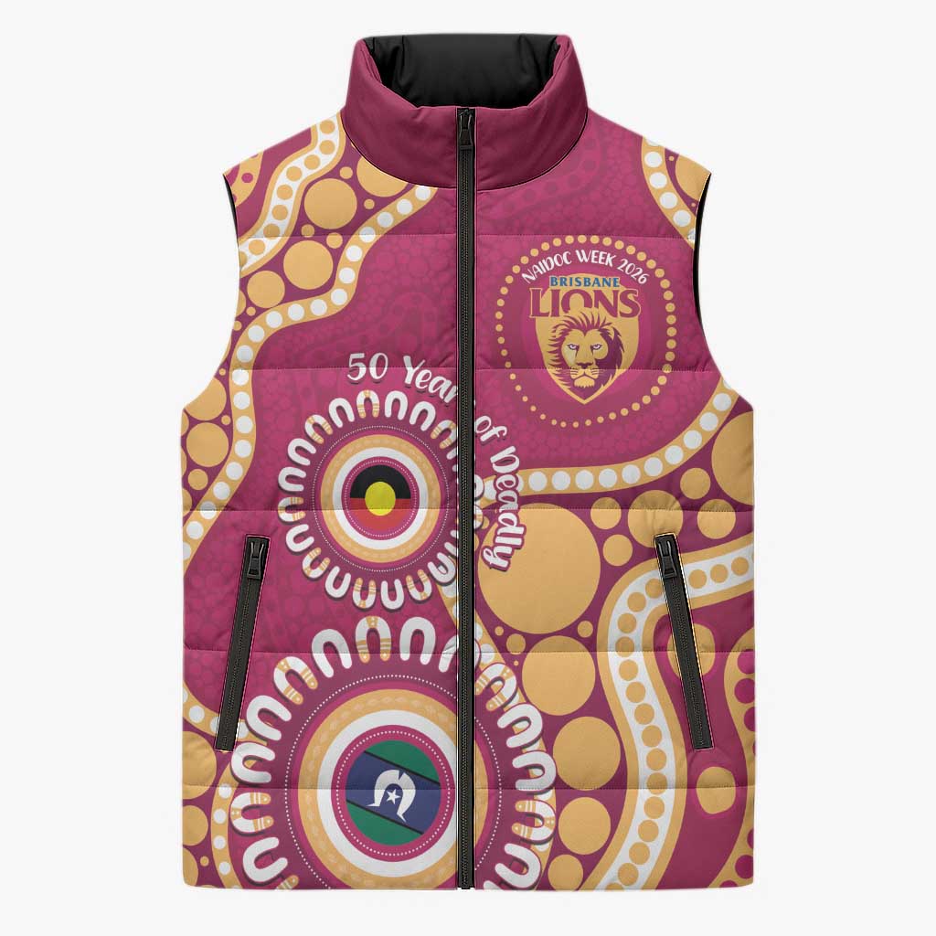 Brisbane Lions NAIDOC 2026 Personalised Sleeveless Puffer Jacket 50 Years of Deadly Aboriginal Art