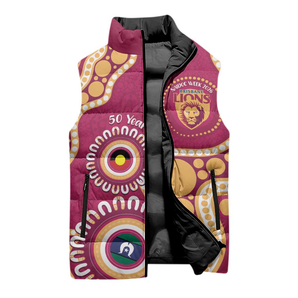 Brisbane Lions NAIDOC 2026 Personalised Sleeveless Puffer Jacket 50 Years of Deadly Aboriginal Art