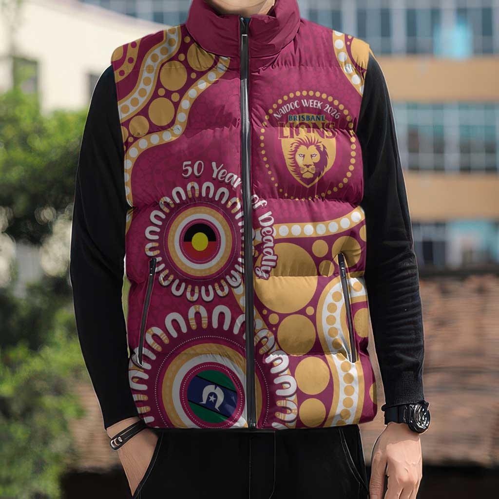 Brisbane Lions NAIDOC 2026 Personalised Sleeveless Puffer Jacket 50 Years of Deadly Aboriginal Art