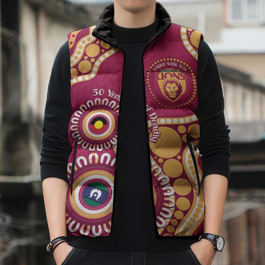 Brisbane Lions NAIDOC 2026 Personalised Sleeveless Puffer Jacket 50 Years of Deadly Aboriginal Art