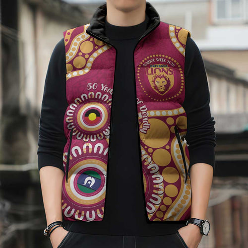 Brisbane Lions NAIDOC 2026 Personalised Sleeveless Puffer Jacket 50 Years of Deadly Aboriginal Art