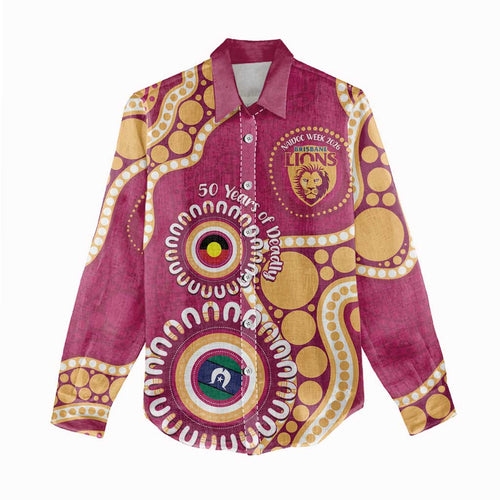 Brisbane Lions NAIDOC 2026 Personalised Women Casual Shirt 50 Years of Deadly Aboriginal Art