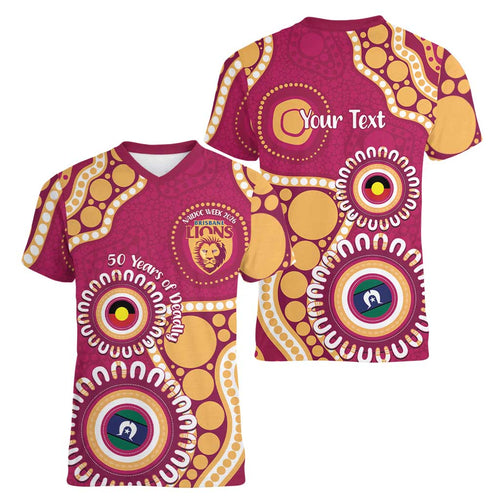 Brisbane Lions NAIDOC 2026 Personalised Women V-Neck T-Shirt 50 Years of Deadly Aboriginal Art