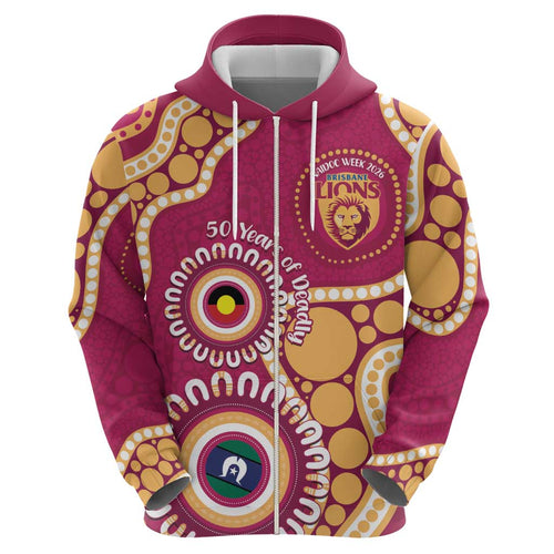 Brisbane Lions NAIDOC 2026 Personalised Zip Hoodie 50 Years of Deadly Aboriginal Art