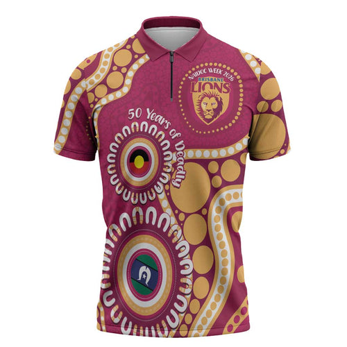 Brisbane Lions NAIDOC 2026 Personalised Zipper Polo Shirt 50 Years of Deadly Aboriginal Art