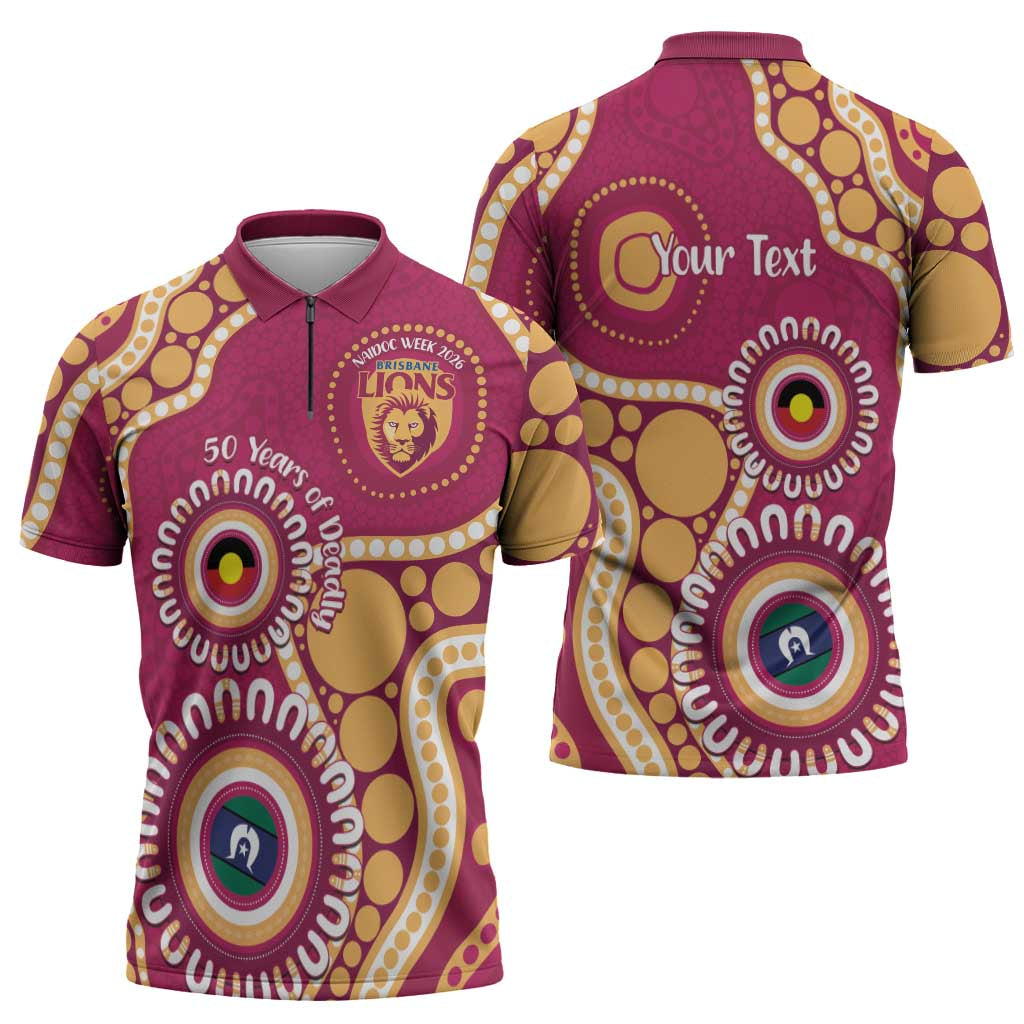 Brisbane Lions NAIDOC 2026 Personalised Zipper Polo Shirt 50 Years of Deadly Aboriginal Art
