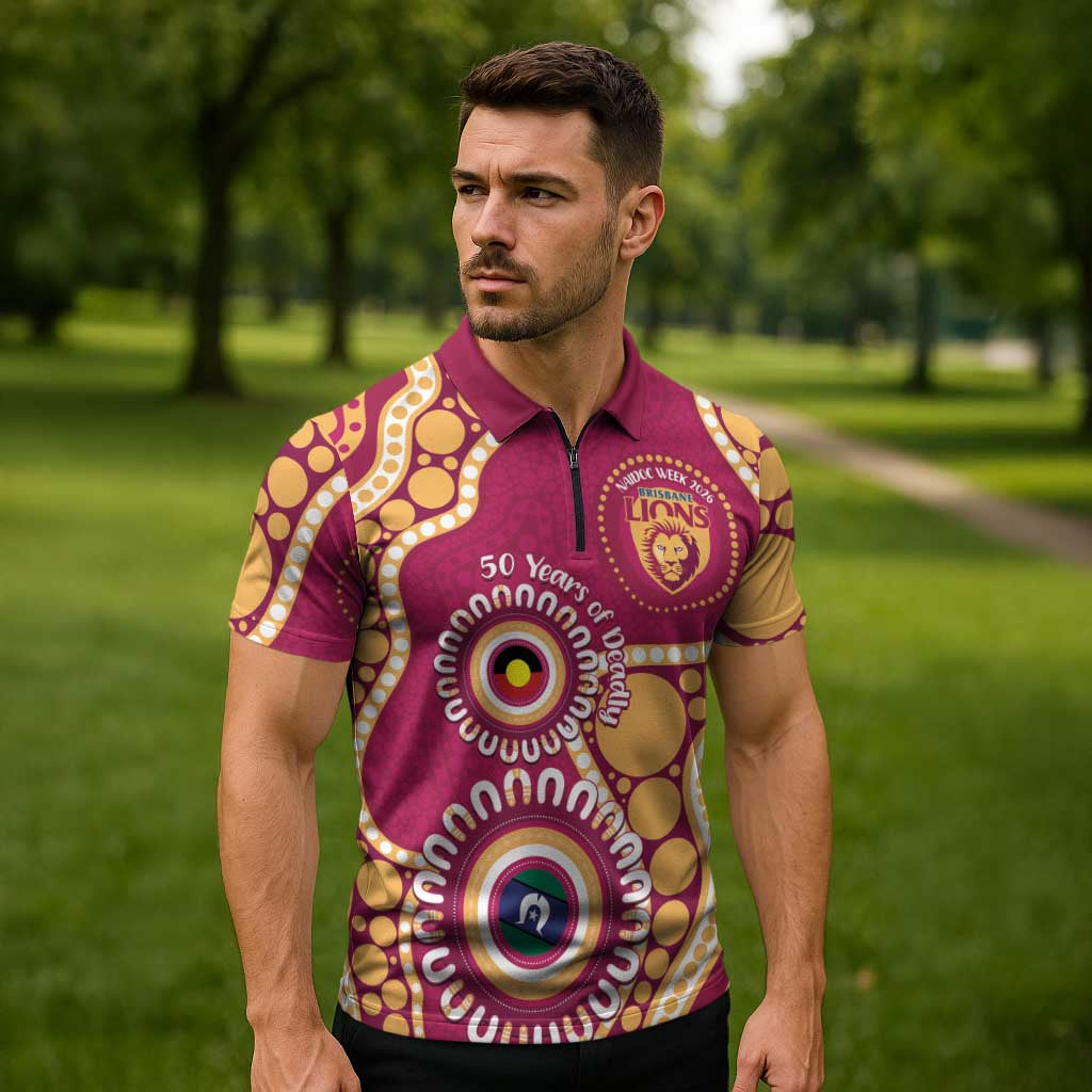 Brisbane Lions NAIDOC 2026 Personalised Zipper Polo Shirt 50 Years of Deadly Aboriginal Art